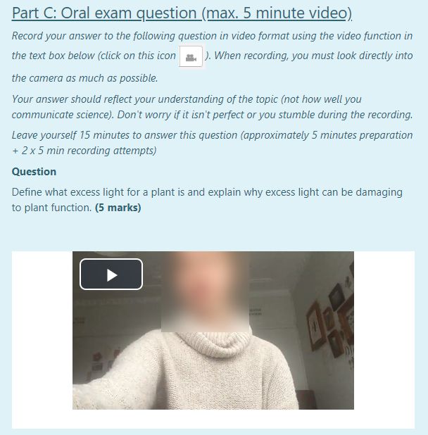 A screenshot of an oral exam question in a Moodle Quiz activity, showing the exam question, instructional text, and a de-identified video answer that has been uploaded by a student. 